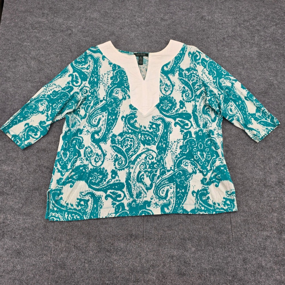 Lauren Ralph Lauren Teal White Paisley Split Neck Cotton Top Plus 2X